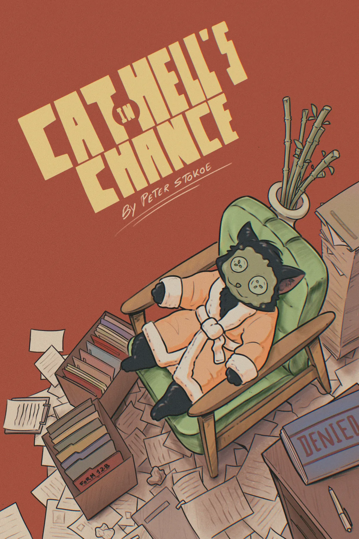 Cover of Cat in Hell’s Chance. A cat lounging in a spa chair amongst piles of paperwork.